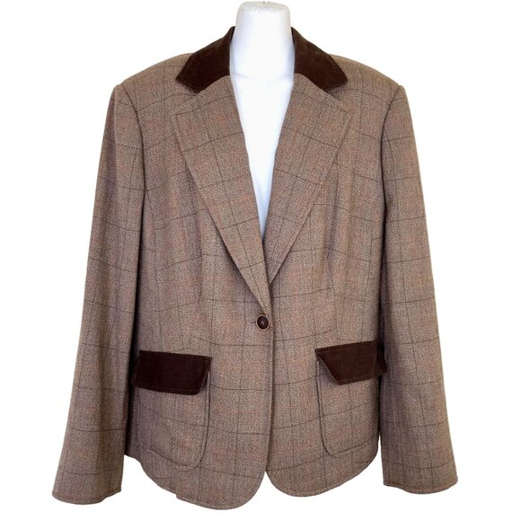 Kasper Brown Plaid Blazer Equestrian Jacket Contrast Collar Pockets Women's 16W - Picture 1 of 8